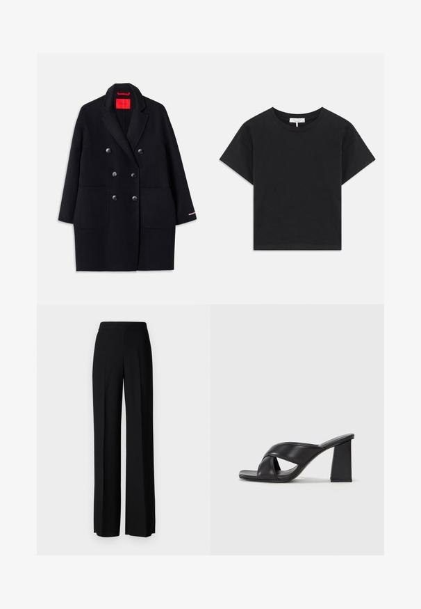 Černý dvouřadý kabát s velkými předními kapsami, knoflíkovou dekorací a měkkou strukturou. Obsahuje kontrastní růžový akcent na rukávech.; Černé zkrácené tričko vyrobené z bavlny, s kulatým výstřihem, krátkými rukávy a jednoduchým designem bez vzorů nebo ozdob.; Černé kalhoty s širokým střihem a hladkým povrchem, s vysokým pasem a středovými skladbami. Žádné viditelné vzory ani kovové detaily.; MAX&Co. SOHO - Sandály na vysokém podpatku - schwarz