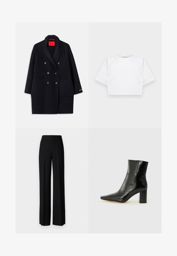 Must mustriga musta jope suurte esitaskutega, nööpide detailsusega ja pehme tekstuuriga. Omab kontrastset roosa aktsenti varrukatel.; Lühikeste varrukatega, pehmest kangast lõigatud valge T-särk, millel on ümar kaelus ja soonikuga ääred. Lihtne ja ilma kaunistusteta disain.; Mustad laiad püksid mustas värvitoonis, sujuva tekstuuri ja kõrge vöökoha ning keskmiste voldikutega. Ilma nähtavate mustrite või tarvikute detailideta.; Mustad muste saapad, mis on valmistatud läikivast nahast, terava koonuse ja tugeva ruudukujulise kandiga. Omab sileda tekstuuri ja minimalismi kujundust.