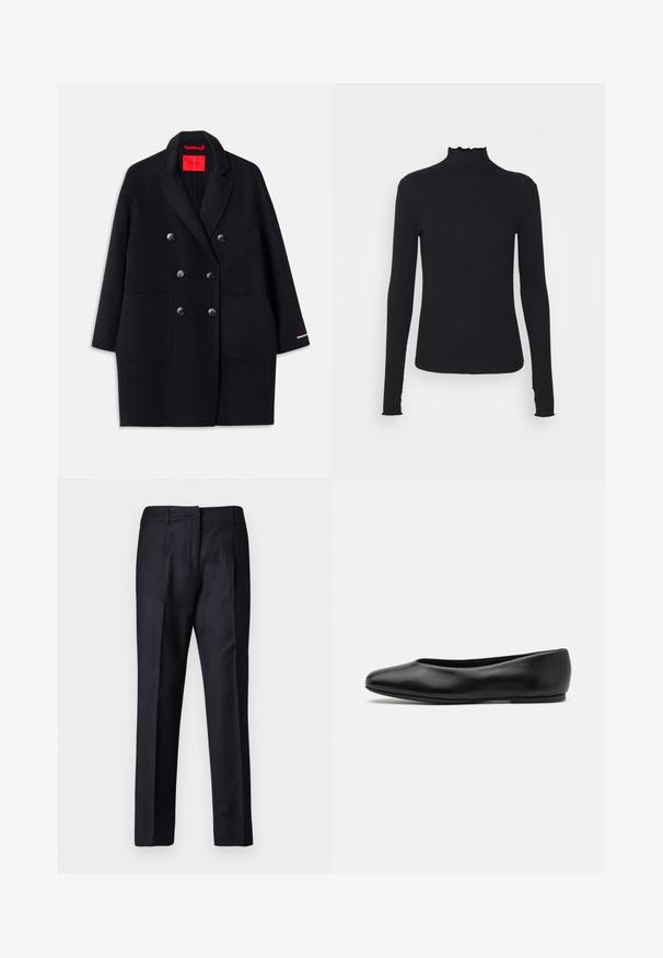 Črn dvoredni plašč z velikimi sprednjimi žepi, gumbnimi detajli in mehko teksturo. Opremljen je z kontrastno rožnato poudarjeno barvo na rokavih.; Črn dolg rokav turtleneck zgornji del iz gladkega materiala, ki se ponaša z nabranim ovratnikom in prilegajočim silhueto s preprostimi robovi.; Mornarske krojene hlače z gladko teksturo, z ravnim sprednjim delom, dvema nabirmama in zankami za pas. Ravnokrojene hlače z končanim robom.; Paul Smith TOPANGA - Balerinke - black