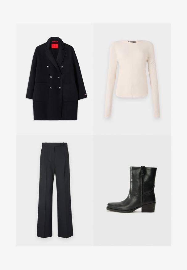 Black double-breasted coat with large front pockets, button detailing, and a soft texture. Features a contrasting pink accent on sleeves.; Long-sleeve, light beige top with a round neckline. Made of soft fabric, features a central seam and slightly curved hem. No visible hardware.; Dark blue pinstriped trousers with a high waist, wide leg design, and no visible hardware or embellishments. Smooth texture and tailored fit.; Black leather ankle boot with a rounded toe, block heel, side zipper, and stitching accents on the vamp. Smooth texture, classic design.