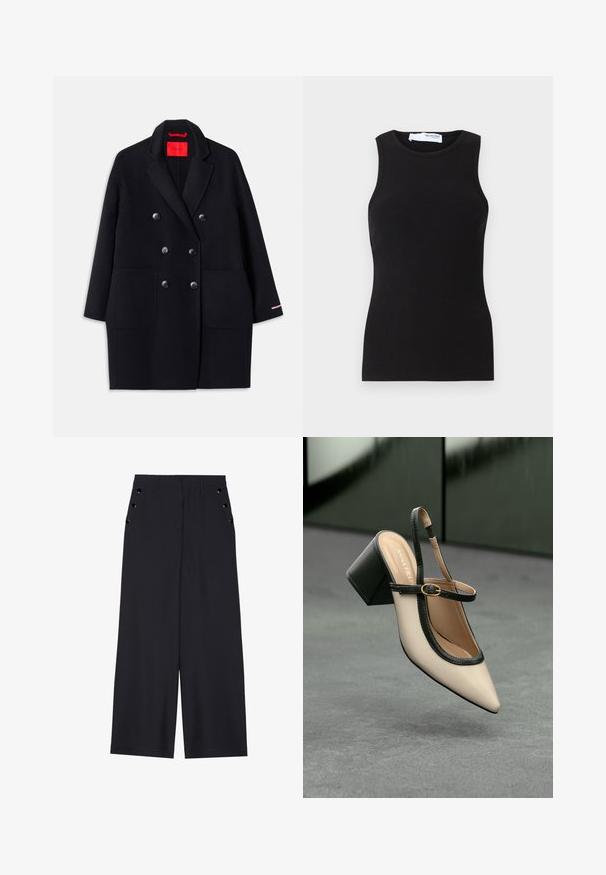 Čierny dvojradový kabát s veľkými prednými vreckami, detailmi na gombíkov a mäkkou textúrou. Obsahuje kontrastný ružový akcent na rukávoch.; Čierna rebrovaná tielko bez rukávov s okrúhlym výstrihom. Vyrobené z elastického materiálu, má priliehavý strih a hladkú textúru.; Široké nohavice z tmavomodrého materiálu s hladkou textúrou, prednými skladmi a ozdobnými zlatými očkami na bočných vreckách.; Béžová lodička so špicatou špičkou, s čiernym lemom, zlatou prackou a robustným blokovým podpätkom na šedom podlahe s tmavozeleným pozadím.