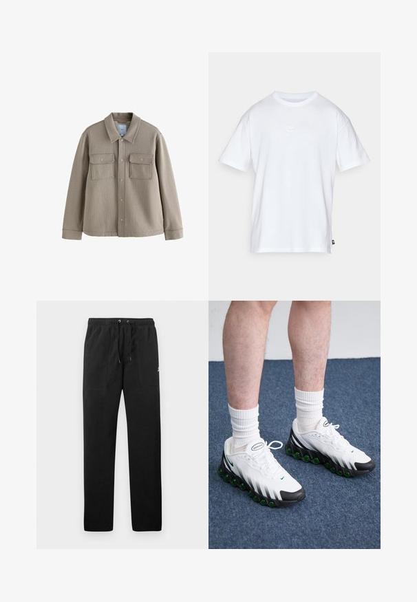 Smeđa teksturirana jakna s ovratnikom, prednjim zatvaranjem na gumb i dva džepa na prsima. Izrađena od tkanine s vidljivim detaljima šavova.; Bijela pamučna majica s kratkim rukavima i okruglim izrezom. Ima mali, diskretni Nike logo na prsima i oznaku sa strane.; Crne trenirke od flisa, s elastičnim pojasom i vezicama, dva prednja džepa i mali logo na butini.; Bijele atletske tenisice s crnim naglascima i zelenim jastučićem. Imaju teksturiranu gornjište, vezanje na vezicu i vidljiv logotip branda.