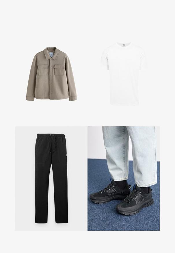 Jakna v tan barvi z teksturo, s ovratnikom, sprednjim gumbom za zapiranje in dvema žepoma na prsih. Narejena je iz tkane tkanine z opaznimi detajli šivanja.; Bela bombažna majica, kratki rokavi, kroj s krožnim izrezom, ravne linije, mehak tekstur, preprost dizajn, brez grafike ali vzorcev.; Črne trenirke iz flisa, z elastičnim pasom in vrvico, dvema sprednjima žepoma ter majhnim logotipom na stegnu.; Črne športne čevlje z teksturirano tkanino in gumijastimi podplati, ki imajo elastične vezalke ter modre poudarke na peti. Nosi se z lahkimi denim hlačami.