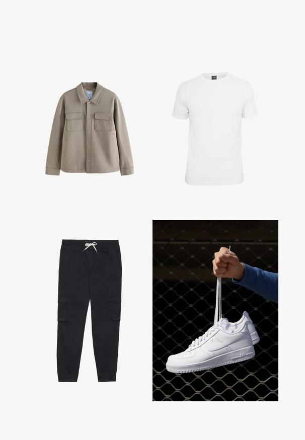 Tan textured jacket with a collared neckline, front button closure, and two chest pockets. Made of woven fabric with notable stitching details.; White short-sleeve t-shirt, made of cotton, featuring a crew neckline and a smooth texture, designed for casual wear.; Black cargo pants made of cotton, featuring an elastic waistband with a drawstring, side pockets, and tapered cuffs.; White leather sneakers with perforations, round toe, flat sole, and thick laces, featuring a visible swoosh logo and "AIR" on the heel.