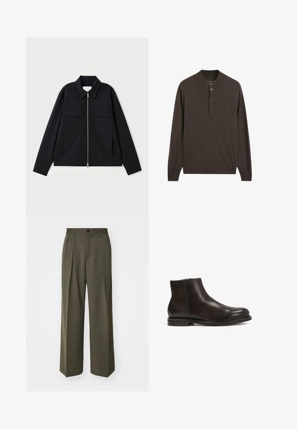 Zwarte jas met een kraag, een rits aan de voorkant en twee borstzakken. Gemaakt van een gladde stof met een gestructureerde pasvorm.; Bruine lange mouwen trui met een hoge kraag en een placket met drie knopen. Gemaakt van zachte stof, heeft het een gladde textuur en geribbelde manchetten.; Filippa K WIDE TROUSERS - Broek - driftwood; Zwarte leren enkelboot met een gladde textuur, ronde neus en een lage hak. Voorzien van een zijrits voor gemakkelijk aan- en uittrekken.