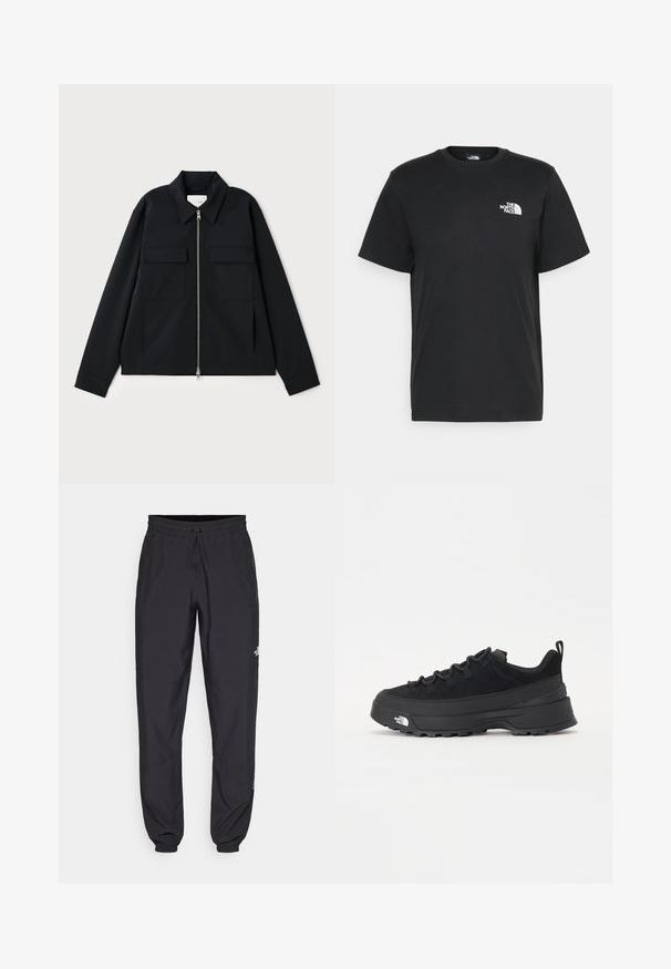 Chaqueta negra con cuello, cierre frontal de cremallera y dos bolsillos en el pecho. Confeccionada en un tejido suave y con un corte estructurado.; Camiseta de algodón negro con mangas cortas, cuello redondo y un pequeño logo blanco en el lado izquierdo del pecho. Diseño simple, textura suave y ajuste relajado.; Pantalones deportivos negros hechos de un tejido ligero, con una cinturilla ajustable, bolsillos laterales y puños ajustados en los tobillos.; Zapatilla negra de exterior con parte superior de ante, suela de goma texturizada y un sólido sistema de cordones. Cuenta con un talón reforzado y el logotipo de la marca en el lateral.
