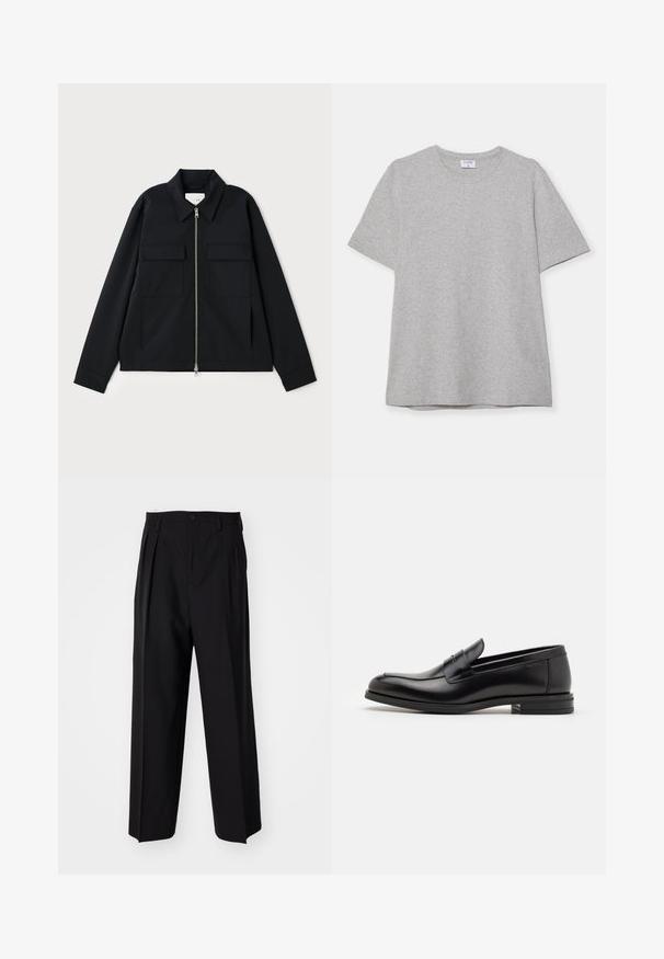 Sort jakke med krave, frontlynlås og to brystlommer. Lavet af et glat materiale med en struktureret pasform.; Grå kortærmet T-shirt lavet af blødt, struktureret stof. Har en klassisk rund hals og en lige kant, velegnet til afslappet brug.; Sorte plisserede bukser med et lige, bred ben-design. Fremstillet af glat stof, med en knaplukning og bæltesløjfer.; Sorte læderloafers med en glat overflade, rund tå og en dekorativ strop over vampen. Lav hæl med stabeldesign, minimalistisk stil.