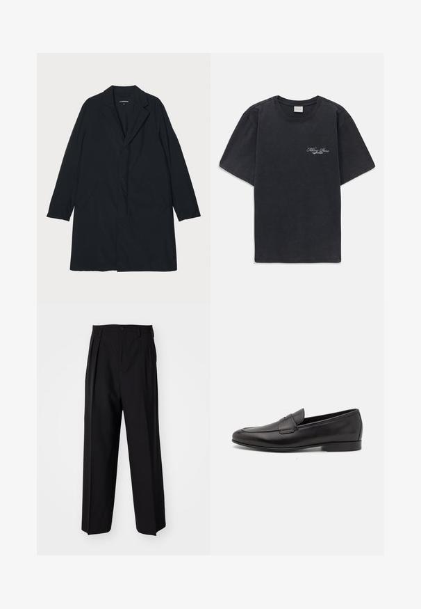 Crni dugi kaput s izrezanim okovratnikom, izrađen od laganog materijala, s bočnim džepovima i ravnim siluetom. Glatka tekstura, minimalistički dizajn.; Crna majica kratkih rukava s okruglim izrezom s malim bijelim logotipom "Filling Pieces" na lijevoj strani prsnog koša.; Crne plisirane hlače s ravnim širokim nogavicama. Izrađene od glatkog materijala, s dugmadi za zatvaranje i petljama za remen.; Crne kožne muške mokasine s niskom petom i klasičnim dizajnom trake za novčiće, prikazane u bočnom profilu na bijeloj pozadini.