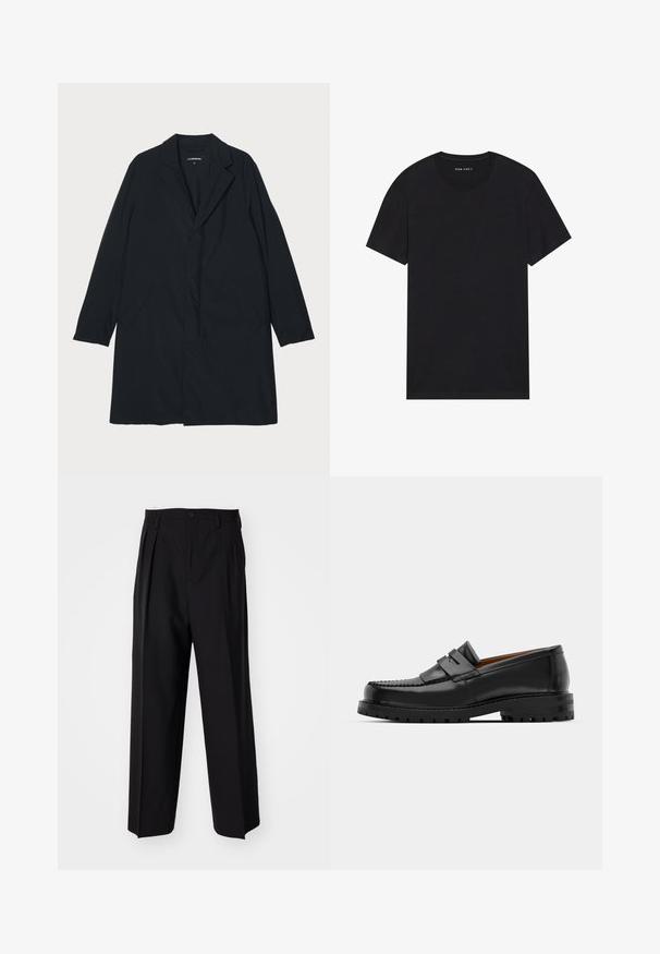 Černý dlouhý kabát s klopovým límcem, vyrobený z lehkého materiálu, se bočními kapsami a rovnou siluetou. Hladká textura, minimalistický design.; Černé bavlněné tričko s krátkými rukávy a kulatým výstřihem. Tkanina má hladkou strukturu a jednoduchý, jednobarevný design.; Černé skládací kalhoty s rovnými, širokými nohavicemi. Vyrobené z hladké tkaniny, se zapínáním na knoflík a poutky na opasek.; Černé kožené mokasíny mají zvýšený šev, dvě dekorativní pásky na svršku a silnou strukturovanou podrážku pro lepší přilnavost.