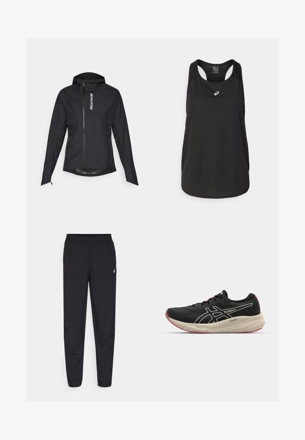 Veste noire légère avec fermeture éclair, capuche et manches élastiques, arborant un logo sur le côté gauche et un tissu lisse et résistant à l'eau.; Débardeur de sport noir en tissu léger. Présente un col rond, un design dos nageur et un petit logo blanc à l'avant.; Pantalons de sport noirs avec une taille élastique, des jambes fuselées avec des poignets, fabriqués dans un matériau léger et lisse, et un petit logo sur la cuisse.; Chaussure de course noire avec un dessus en maille et des accents blancs. Caractéristiques d'une semelle intermédiaire rembourrée et d'un détail de semelle extérieure rouge. Design léger.