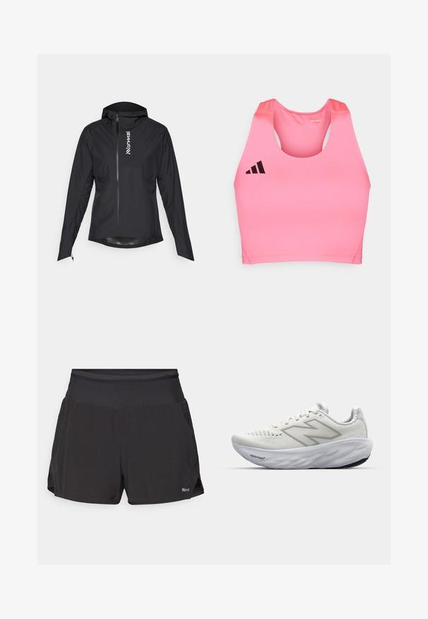 Sort letvægtsjakke med lynlåslukning, hætte og elastiske manchetter, med et logo på venstre side og glat, vandafvisende stof.; adidas Performance ADIZERO - Top - lucid pink; Sorte atletiske shorts med en flad talje, kort længde og sidelommer. Stoffet synes at være åndbart med en glat tekstur.; Hvide sportssko med en mesh-overdel, der har en polstret krave, struktureret sål og "Fresh Foam" branding på mellemsålen.