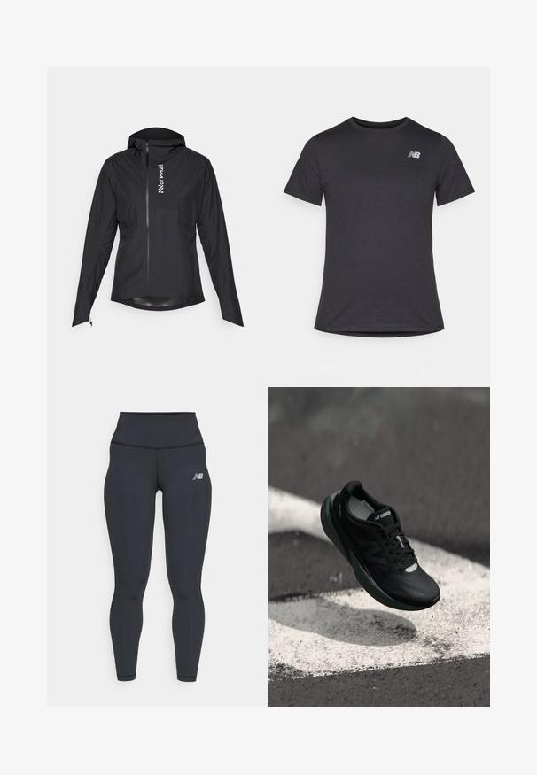 Melna viegla jaka ar rāvējslēdzēju, kapuci un elastīgām piedurknēm, ar logotipu kreisajā pusē un gludu, ūdensizturīgu audumu.; Melnas īsām piedurknēm T-krekls, izgatavots no mīksta auduma, ar nelielu pelēku New Balance logo kreisajā augšējā krūtīs, klasiskā apaļā kakla dizainā.; Melnas sporta legingu bikses ar augstu jostasvietu, kas izceļas ar gludu tekstūru un mazāku baltu New Balance logotipu uz augšstilba.; Melnas skriešanas kurpes ar teksturētu augšdaļu, glītu dizainu un atstarojošiem akcentiem. Iekļauj mīkstu, spilventiņu zoli komfortam.