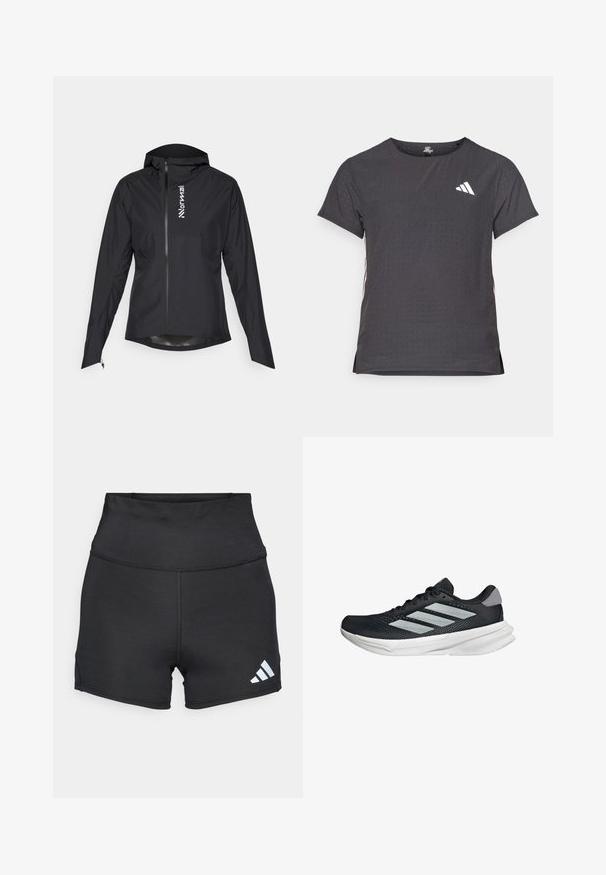 Schwarze leichte Jacke mit Reißverschluss, Kapuze und elastischen Bündchen, mit einem Logo auf der linken Seite und glattem, wasserabweisendem Stoff.; Kurze Ärmel Sport-T-Shirt, dunkelgrau mit durchbrochener Textur. Enthält ein weißes Logo und kontrastierende Seitenstreifen. Runder Ausschnitt.; adidas Performance Tights - black; Schwarzer Laufschuh mit Mesh-Obermaterial, drei silbernen Streifen, weißer Zwischensohle und strukturiertem Außensohle. Verfügt über einen gepolsterten Schaft und eine Schnürung.