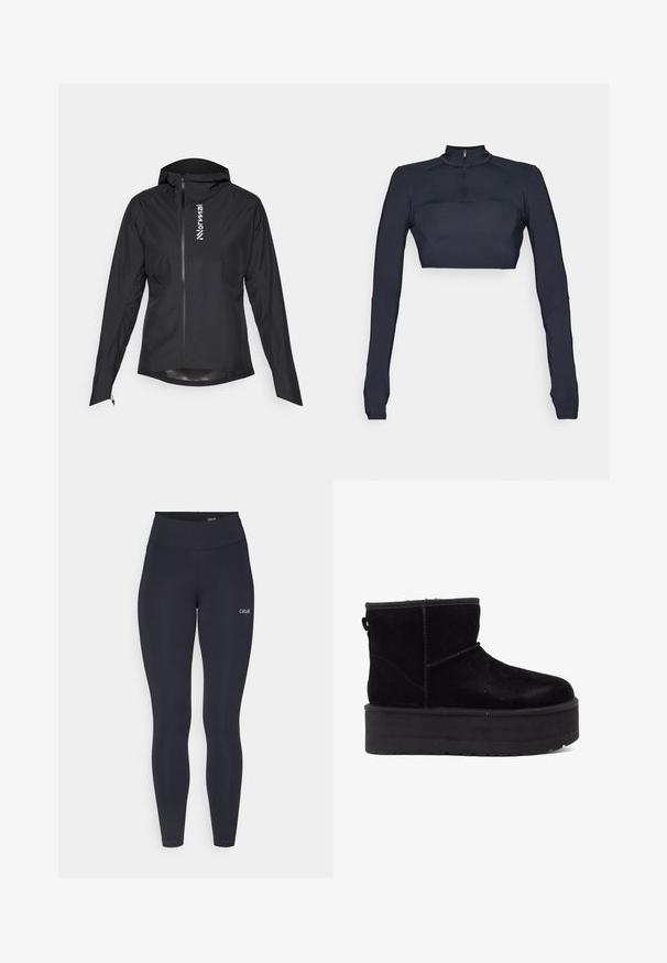 Black lightweight jacket with a zip closure, hood, and elastic cuffs, featuring a logo on the left side and smooth, water-resistant fabric.; Navy blue long-sleeve crop top with a mock neck and quarter zip, featuring textured shoulder panels and a fitted silhouette.; Black leggings with a high waistband, made from stretchy fabric, featuring a small white logo on the thigh and smooth texture.; Black suede ankle boots with a thick platform sole and soft lining. Finished with stitching accents and a rear pull tab for easy wear.