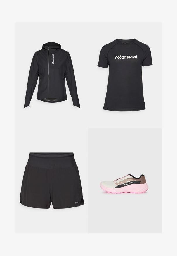 Veste noire légère avec fermeture éclair, capuche et manches élastiques, arborant un logo sur le côté gauche et un tissu lisse et résistant à l'eau.; T-shirt de sport noir à manches courtes avec un tissu texturé et un logo blanc contrastant placé sur la poitrine. Encolure ronde et design ajusté.; Shorts de sport noirs avec une taille plate, de courte longueur et des poches latérales. Le tissu semble respirant avec une texture lisse.; Chaussure de running légère en blanc, marron et rose. Présente un dessus respirant, des accents gris texturés et une semelle en caoutchouc rose.