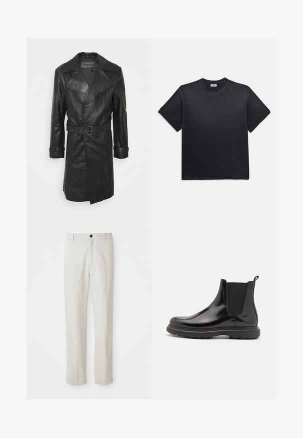 STUDIO ID CHRISTIAN - Trenčkot - black; Černé bavlněné tričko s kulatým výstřihem a krátkým rukávem. Má uvolněný střih, hladkou strukturu a minimalistický design.; Krémové kalhoty rovného střihu s poutky na opasek, předním knoflíkem a zipem, vystavené na bílém pozadí.; Černé Chelsea boty vyrobené z lesklé kůže s elastickými bočními panely, poutkem na zadní straně a odolnou podrážkou pro lepší trakci.