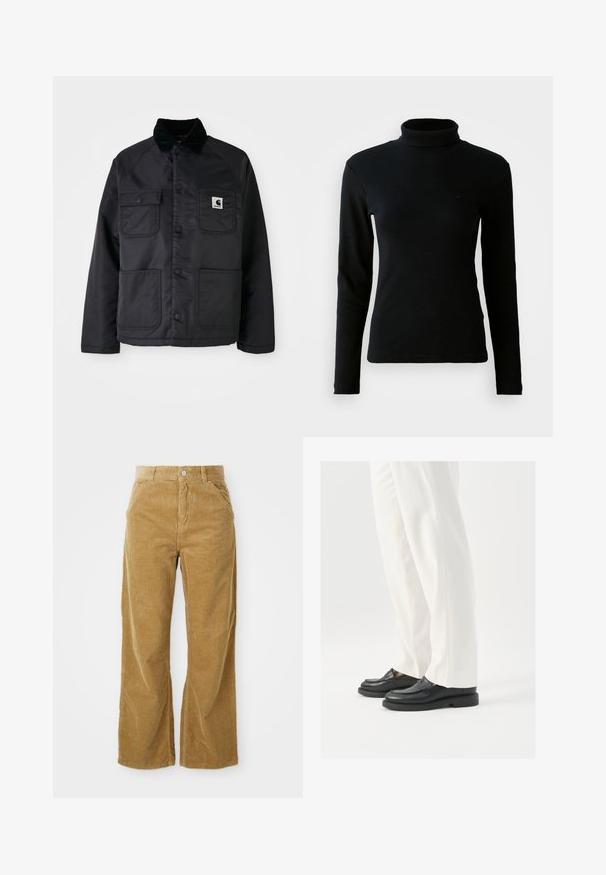 Schwarze gesteppte Jacke mit einem Cordkragen, ausgestattet mit zwei Fronttaschen, Druckknöpfen und einem weißen Logo-Patch auf der linken Brust.; Schwarzer, gerippter, langärmeliger Rollkragenpullover mit figurbetonter Silhouette vor einem schlichten weißen Hintergrund.; Heller brauner Cord-Hosen im weiten Schnitt, mit einem strukturierten Rippmuster, fünf Taschen und einem Knopfverschluss an der Taille.; Schwarze Lederloafers mit glatter Textur, mit Stichdetails und runder Zehenform, kombiniert mit weißen maßgeschneiderten Hosen.
