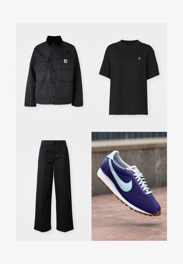 Schwarze gesteppte Jacke mit einem Cordkragen, ausgestattet mit zwei Fronttaschen, Druckknöpfen und einem weißen Logo-Patch auf der linken Brust.; Schwarzes Baumwoll-T-Shirt mit lockerer Passform. Hat einen Rundhalsausschnitt und kurze Ärmel. Enthält ein kleines, goldfarben gesticktes Logo auf der Brust.; Schwarze, weit geschnittene Hose aus weichem Baumwollstoff. Verfügt über einen klassischen Bund, seitliche Taschen und einen geraden Schnitt bis zum Saum.; Lila Nike Sneaker mit hellblauem Swoosh, weißen Schnürsenkeln und Gummi-Sohle, der über einer Betonoberfläche im Freien schwebt.