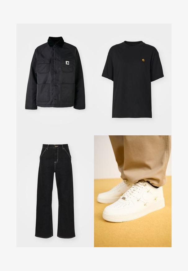 Black quilted jacket with a corduroy collar, featuring two front pockets, snap buttons, and a white logo patch on the left chest.; Black cotton t-shirt with a relaxed fit. Features a round neck and short sleeves. Includes a small gold embroidered logo on the chest.; Black wide-leg jeans made of denim, featuring contrasting white stitching and a front button closure, with two angled front pockets.; White leather sneakers with perforated toe, golden accents, and flat laces, paired with beige pants on a textured yellow surface.