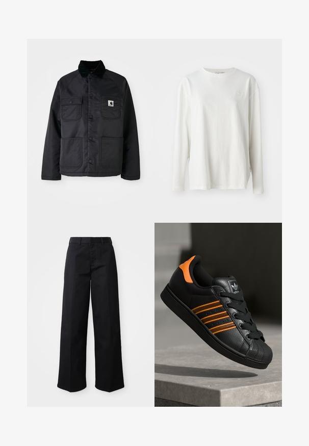 Fekete steppelt dzseki, kordbársony gallérral, két elülső zsebbel, patentgombokkal, és egy fehér logóval a bal mellrészen.; Fehér, hosszúujjú pamut póló, kerek nyakkivágással, ejtett vállakkal és diszkrét logóval a mellkason. Puha tapintású.; Fekete, bő szárú nadrág puha pamut anyagból. Klasszikus derékrésszel, oldalsó zsebekkel és egyenes szabással a szegélyig.; Fekete sportcipő narancssárga részletekkel, három vízszintes csíkkal, texturált bőr felsőrésszel, gumis orral és fekete fűzőkkel.