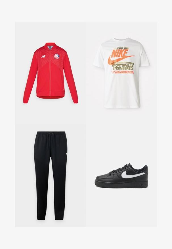 Rød zip-up jakke med mesh øvre panel, ribbestrikket kant og mansjetter. Har New Balance-logo og Lille OSC-merke på brystet.; Hvit bomulls t-skjorte med en stor oransje "NIKE" logo og grønn tekst som sier "SPORTSWEAR ENGINEERED" samt ekstra spesifikasjoner.; Sorte joggebukser laget av myk stoff, med elastisk linning med snøring, avsmalnende ankler og en liten logodetalj på siden.; Svarte Nike Air Force 1-sneakers med overdel i glatt lær, hvit logoaccent, perforert tå og teksturert gummisåle.