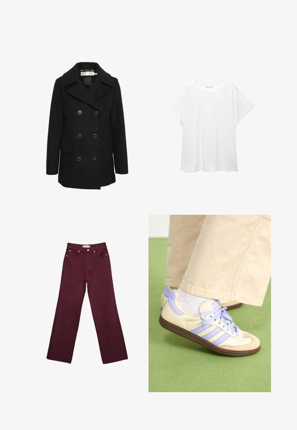 Cappotto nero doppiopetto con ampi rever, realizzato in lana. Presenta sei bottoni frontali e due tasche laterali. Texture liscia, vestibilità sartoriale.; T-shirt bianco realizzato in un tessuto morbido e leggero. Presenta un collo rotondo e maniche corte e larghe con vestibilità morbida. Nessun motivo visibile.; Jeans bordeaux a vita alta con design a gamba dritta, dotati di tasche frontali, chiusura con bottone e rifiniture in tono rame.; Sneakers crema e lavanda con tre strisce e suola marrone texturizzata, dotati di lacci e tallone imbottito. Parte superiore in tessuto morbido.