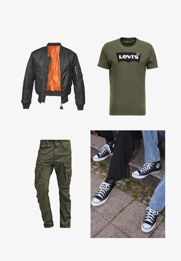 Schwarze Bomberjacke mit glänzender Oberfläche, orangefarbenem Innenfutter, gerippten Bündchen und einer Reißverschlusstasche am linken Ärmel. Goldene Reißverschlussakzente.; Olivegrünes Baumwoll-T-Shirt mit einem großen schwarzen Levi's-Logo auf der Vorderseite. Klassischer Rundhalsausschnitt und kurze Ärmel, glatte Textur.; Olivgrüne Cargo-Hosen aus strapazierfähiger Baumwolle. Sie verfügen über mehrere Taschen, eine mit Reißverschluss versehene Seitentasche und ein tapered Bein mit einer leicht strukturierten Oberflächenbeschaffenheit.; Schwarzecanvas-Sneaker mit hohem Schaft, weißen Gummisohlen und Schnürsenkeln, die ein rundes Logo an der Seite besitzen und mit Denim- sowie schwarzen Hosen kombiniert sind.