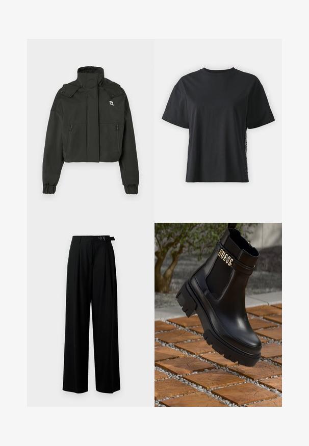 Must mustikas kapsa jope kõrge kraega, kahe lukuga esipocketi, elastsete varrukatega ja väikese logo aktsendiga ülemisel rinnal.; Must have lühikeste varrukatega puuvillane must T-särk, millel on lõdvestunud lõige ja kontrastne külgpanel, mis sisaldab väikest teksti ja kujunduselemente.; Mustad kõrge vöökohaga mustad laiad püksid, millel on ees voldid ja vöö, millel on pandla. Valmistatud siledast ja kergest kangast.; Must musta saapad mustast nahast, millel on paks kummist tald, elastsed külgpaneelid ja kuldne aksent "GUESS" brändingu logoga.