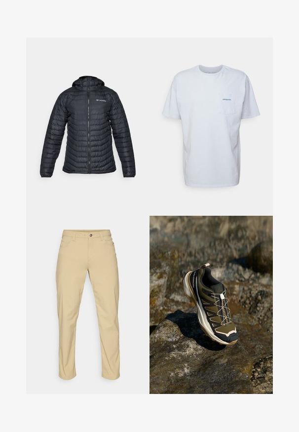 Czarna ocieplana kurtka z kapturem, charakteryzująca się puszystym pikowanym wzorem, przednim zamkiem i logo na lewej piersi. Lekki materiał.; Biała bawełniana koszulka z krótkim rękawem, okrągłym dekoltem i kieszonką na lewej piersi z niebieskim logo "Patagonia". Klasyczny krój o gładkiej fakturze.; Patagonia QUANDARY jasny brąz; Buty trekkingowe w oliwkowym zielonym i czarnym kolorze z różowymi akcentami. Posiadają teksturowaną górę, elastyczną podeszwę, wzmocniony czubek oraz kolorowy system sznurowania.