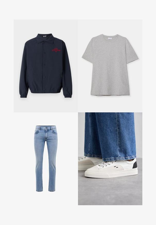 Marineblå vindjakke laget av glatt stoff, med knapplukking foran, elastiske håndledd og rødt "GYMNASIUM EAZ" broderi på brystet.; Grå kortermet T-skjorte laget av myk, teksturert stoff. Har en klassisk rund hals og en rett kant, passende for uformell bruk.; Lyseblå denimjeans med slim fit, fem lommer og rett bendesign. Har glidelås og beltehemper. Myk tekstur.; Hvite og svarte joggesko med en glatt læroverdel, teksturerte detaljer og en kraftig hvit såle. Har en klassisk snøring.