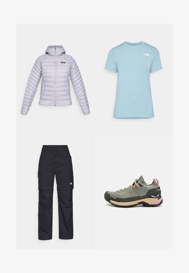 Puffjacka i ljusgrått med huva, med horisontellt quiltat mönster, framdragkedja och sidofickor. Ikonisk logotyp på bröstet.; Ljusblå t-shirt med kort ärm och rund halsringning. Funktioner med mjukt tyg, raglanärmar och en vit logotyp på övre vänstra bröstet.; Svarta nylonbyxor med avtagbara ben, justerbara muddar, flera fickor och en logotyp på högra benet. Slät, lätt textur.; Lättviktsgrön vandringssko med mesh- och gummimaterial, svart yttersula för bra grepp, rosa och orange detaljer samt förstärkt tåhätta.