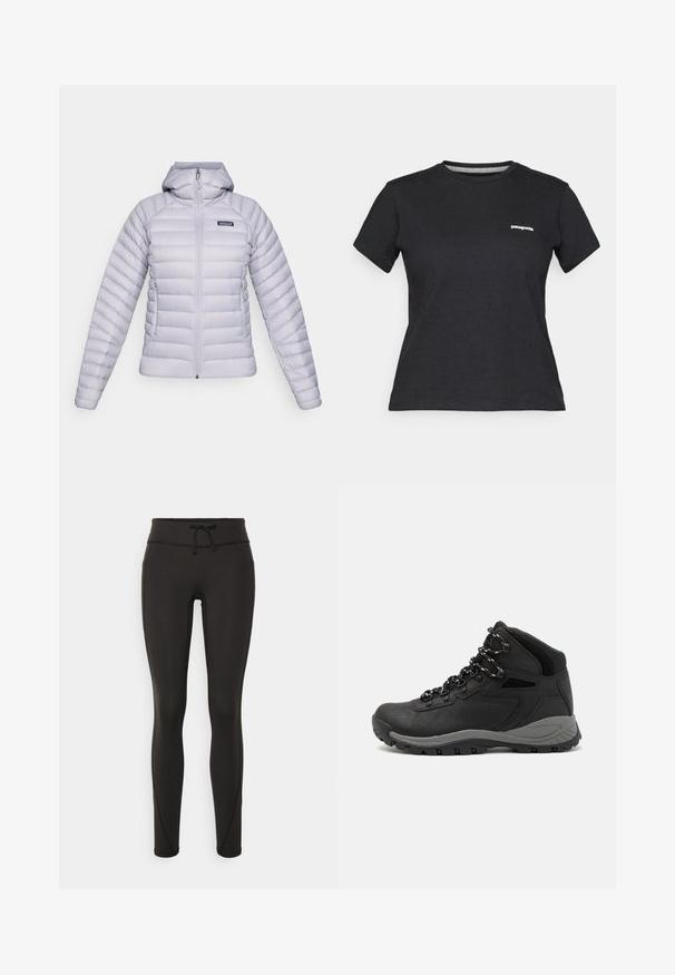 Pufferjakke i lys grå med hette, med horisontalt quiltet mønster, glidelås foran og sidelommer. Ikonisk logo på brystet.; Svart bomull T-skjorte med rund hals og korte ermer. Har en hvit "Patagonia" logo på venstre brystområde.; Svarte leggings med høy midje, snøring, glatt tekstur og tettsittende design. Har søm detaljer langs sidene.; Sorte turstøvler med mid-topp design, som har en teksturert overdel, grå detaljer og slitesterk gummisåle med godt grep.