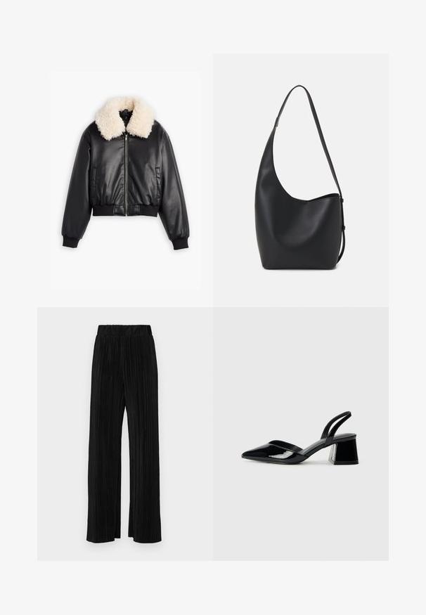 Musta nahast pommijakk, millel on kreemjas vale karusnaha krae, eessuun, soonikkoesid ja vöökoht, ning küljetaskud. Üldiselt sile tekstuur.; Must olema lühikeste varrukatega must t-särk ümmarguse kaelusega, valmistatud pehmest puuvillast kangast. Lihtne disain, ilma nähtavate logode või mustriteta.; Mustad pleekitud püksid elastse vöökohtaga. Omavad laiad jalad ja sujuvat, tekstureeritud kangast vertikaalsete triipudega.; Mustad musta lakknahk kingad, millel on terav varvas ja geomeetriline plokkkonts. Omab elegantselt minimalistlikku disaini ja sujuvat tekstuuri.; Mustast nahast hobo kott, millel on sile tekstuur, kumer kuju ja üks reguleeritav rihm; peal on lai avaus.