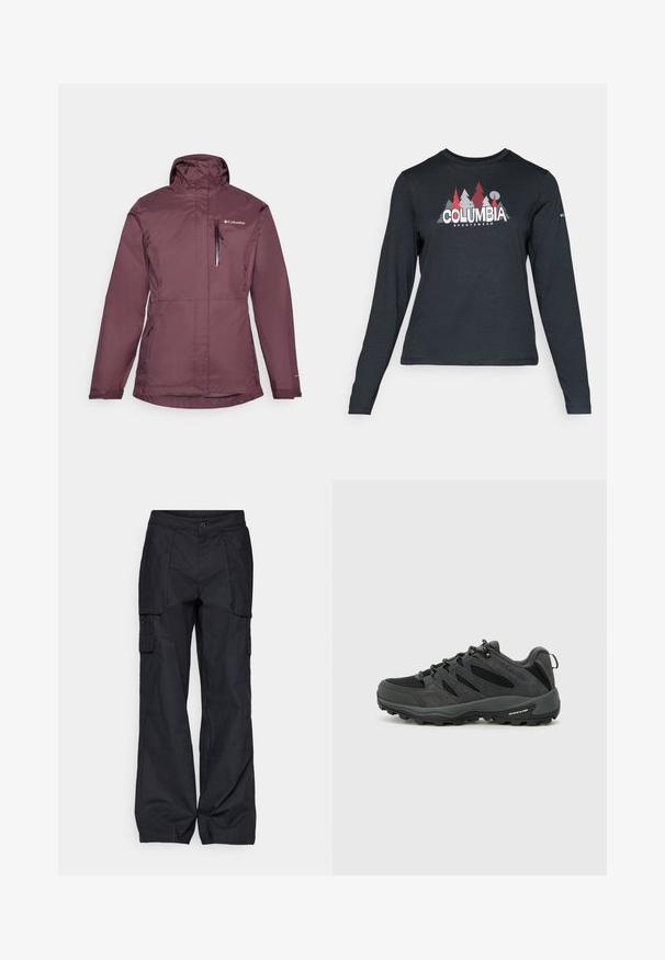 Maroon waterproof jacket with a high collar, front zip, and adjustable hood. Features two side pockets and a chest pocket with zip closure.; Long-sleeve dark gray shirt with a graphic of red trees and mountains; "COLUMBIA" logo in bold white text. Soft fabric, standard crew neck.; Columbia BREA FALLS™ COTTON RIPSTOP PANT - Outdoor trousers - black; Columbia REDMOND - Hiking shoes - black/citron haze