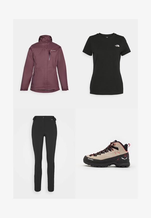 Bordo veekindel jakk kõrge kraega, ees lukk ja reguleeritav kapuuts. Omab kahte külgtaskut ja rinna-taskut, millel on lukuga sulgemine.; Mustvalge puuvillane t-särk, millel on ümber kaeluse lõige ja lühikesed varrukad. Märkimisväärne valge logo vasakul ülal nurgas. Sile tekstuur, mugav lõige.; Mustad, hästi istuvad püksid, mis on valmistatud paindlikust materjalist. Omadusteks on lukuga küljetasku, artikeeritud põlved ja sile pind.; Meeste matkasaapad, millel on beež nubukülem, must kummi tall, punased detailid ja nööridega disain kindla istuvuse tagamiseks.