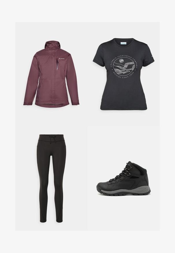 Veste imperméable bordeaux avec col montant, fermeture zip à l'avant et capuche ajustable. Dispose de deux poches latérales et d'une poche poitrine avec fermeture éclair.; T-shirt noir Columbia avec un dessin linéaire blanc de montagne et de rivière en cercle et le texte "Columbia Sportswear Company À l'extérieur depuis 1938."; Leggings noirs avec une taille haute, cordon de serrage, texture lisse et design ajusté. Caractéristiques de détails de couture le long des côtés.; Botte de randonnée noire au design mi-haut, avec un dessus texturé, des accents gris et une semelle en caoutchouc durable avec des crampons de traction.