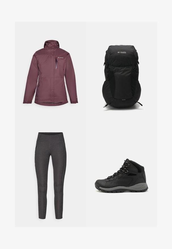Bordó nepromokavá bunda s vysokým límcem, předním zipem a nastavovací kapucí. Obsahuje dvě boční kapsy a náprsní kapsu se zipovým uzávěrem.; Černé tričko Columbia s bílým kruhovým uměleckým ztvárněním hor a řeky a textem "Columbia Sportswear Company Outside Since 1938."; Vysoké legíny v tmavě šedé barvě, vyrobené z texturované tkaniny. Mají přiléhavý střih a boční kapsy pro uložení.; Černé turistické boty s mírně vyšším střihem, které mají texturovaný svršek, šedé detaily a odolnou gumovou podrážku s trakčními výstupky.; Černý batoh s kulatým vrškem, vyrobený z odolné tkaniny. Má boční síťované kapsy a štítek s ochranným obalem proti dešti na spodní straně.