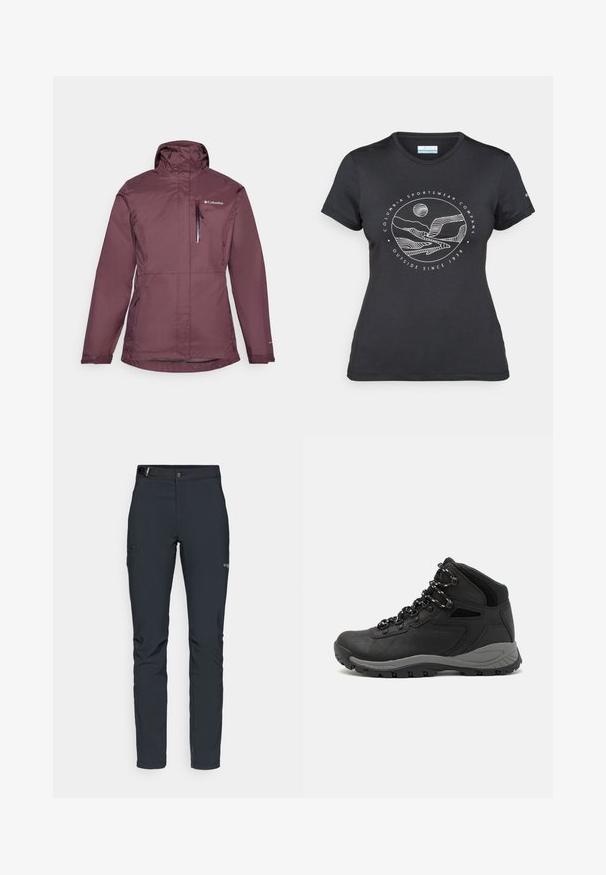 Veste imperméable bordeaux avec col montant, fermeture zip à l'avant et capuche ajustable. Dispose de deux poches latérales et d'une poche poitrine avec fermeture éclair.; T-shirt noir Columbia avec un dessin linéaire blanc de montagne et de rivière en cercle et le texte "Columbia Sportswear Company À l'extérieur depuis 1938."; Pantalons de plein air pour hommes, gris foncé, fabriqués en matériau flexible, dotés d'une ceinture, de poches zippées et de coutures renforcées.; Botte de randonnée noire au design mi-haut, avec un dessus texturé, des accents gris et une semelle en caoutchouc durable avec des crampons de traction.