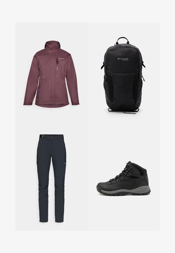 Casaco impermeável bordô com colarinho alto, fecho frontal e capuz ajustável. Apresenta dois bolsos laterais e um bolso no peito com fecho éclair.; T-shirt preto da Columbia com arte em linha branca circular representando montanhas e rios, e o texto "Columbia Sportswear Company Outside Since 1938."; Calças de exterior para homens, cinza escuro, feitas de material flexível, com cinto, bolsos com fecho éclair e costuras reforçadas.; Bota de caminhada preta com design de cano médio, apresentando um upper texturizado, detalhes cinzentos e sola de borracha durável com cravos de tração.; Mochila Black Columbia Titanium com uma textura de tecido suave, bolsos laterais, pega superior e alças ajustáveis. Design minimalista com uma marcação subtil.