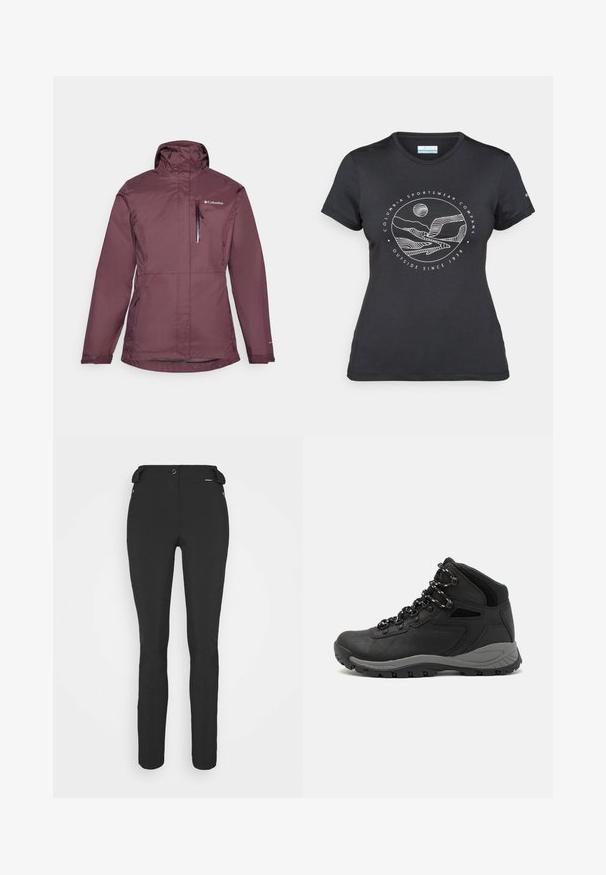 Maroon waterproof jacket with a high collar, front zip, and adjustable hood. Features two side pockets and a chest pocket with zip closure.; Black Columbia t-shirt with white circular mountain and river line art and text "Columbia Sportswear Company Outside Since 1938."; Black, fitted pants made from a flexible material. Features include a zippered side pocket, articulated knees, and a smooth texture.; Black hiking boot with a mid-top design, featuring a textured upper, gray accents, and durable rubber sole with traction lugs.