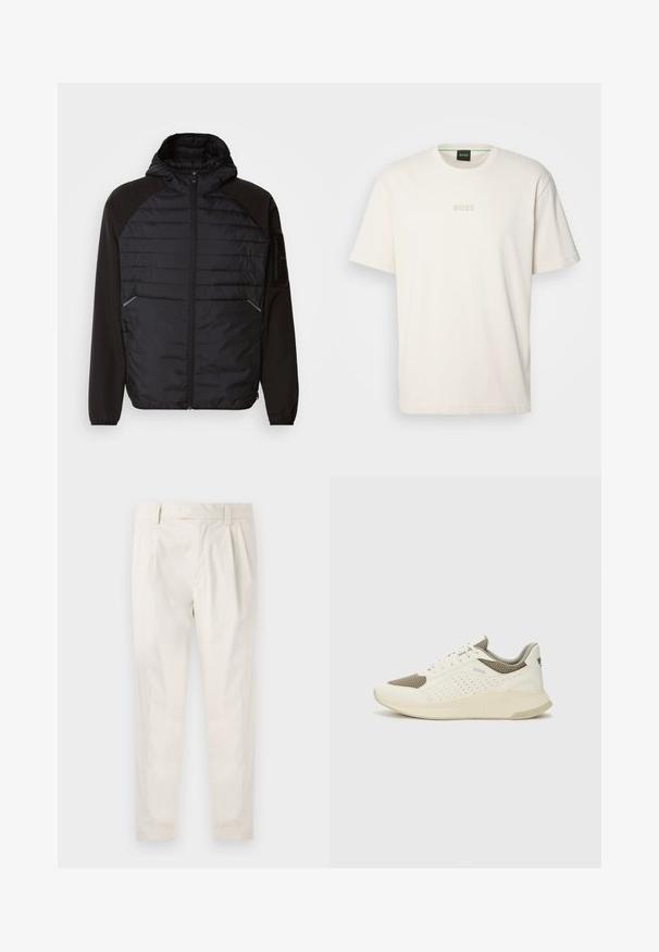Juodas gobtuvą turintis švarkas, su quilted dizainu priekyje, lygiais rankovėmis ir užtrauktukų kišenėmis. Strukturinė medžiaga su prigludusia siluetu.; BOSS TEE - Paprasti marškinėliai - open white; Balti, susiūtos kelnes, turinčios pritaikytą siluetą, pasižyminčias lygia tekstūra, dirželio kilpomis ir siaurėjančiomis kojomis. Nėra matomų kišenių ar raštų.; Baltas ir šviesiai bežinis sportinis kedas, su tinklo viršumi, perforuotais detalėmis ir tekstūruotu tarpine su logotipu ant kulno.