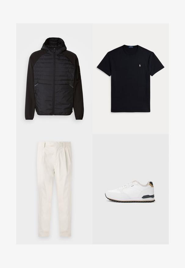 Mustad musta jope, millel on kapuuts, esiosas on tikanditega disain, siledad varrukad ja lukuga taskud. Tekstuuriga kangas, mis on keha külge sobiv.; Must puuvillane T-särk, millel on ümarsuu kaelus, lühikesed varrukad ja vasakul rinnal väike tikitud logo. Sile tekstuur.; Valged volditud püksid, mis on kohandatud sobivusega, sujuva tekstuuriga, vööloopidega ja kitsenevate jalgadega. Pole nähtavaid taskuid ega mustreid.; Valged spordikingad tekstuurse ülemise osa, kontrastsete mustade ja pruunide detailidega, ümarate varvaste ja paindliku kummitaldaga, mis pakub haarduvust.