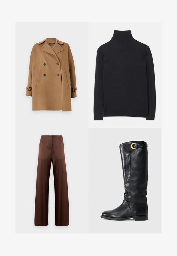 WEEKEND MaxMara ONCIA - Lühike jakk - camel; Must zwart pullovers, mis pehmeast kangast. Omab pikki varrukaid, kõrget kaelanupukest ning soonikute äärte ja alläärtega, et tagada mugav istuvus.; Pruunid laiad püksid, mis on valmistatud siledast ja kergest kangast, laia esiosa, ilma taskuteta ja otsejooneliselt disainitud.; Mustast nahast põlvekõrgune saabas, millel on ümar varvas, nööbitav esikülg, külgedel detailid ja kuldne aksessuaar lõpus. Sujuv tekstuur.
