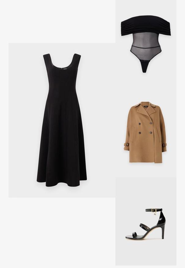 WEEKEND MaxMara ONCIA - Short coat - camel; Undress Code Top - black; Black dress with a scoop neckline, sleeveless design, and a flared A-line silhouette. Features vertical seam detailing for structure.; Black patent leather sandal with three straps, ankle buckle, and 4-inch stiletto heel. Features gold hardware detail and logo charm.; Brown leather crossbody bag with a curved flap, gold hardware, and a decorative logo. The strap is adjustable and features a smooth texture.