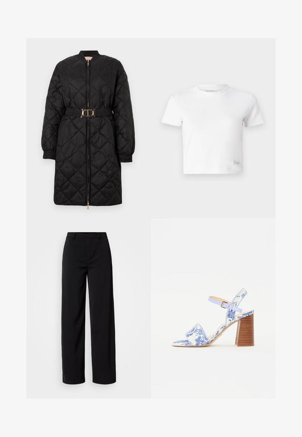 Zwarte gewatteerde lange jas met elastische manchetten, voorkant met rits en bijpassende riem met een gouden ovale gesp.; Witte cropped t-shirt van zacht katoen, met een hoge hals en korte mouwen. Klein geborduurd logo in de onderhoek.; Zwarte wijde broek van soepel materiaal, met een klassieke tailleband en een op maat gemaakte silhoët met zijzakken.; Blauw bloemenpatroon sandaal met een vierkante neus, een brede band en een verstelbare enkelband, met een getextureerde houten blokhak.