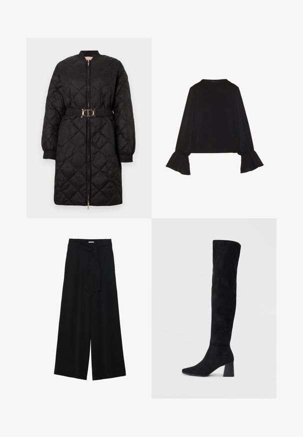 Black quilted long coat with elastic cuffs, front zipper, and matching belt featuring a gold oval buckle.; Black long-sleeve top featuring flared cuffs, soft texture, and a relaxed fit, with a simple round neckline.; Black wide-leg pants featuring a textured fabric, an elastic waistband, and a detachable sash tie at the waist for adjustable fit.; Black suede knee-high boot with block heel, pointed toe, and smooth, seamless design on a plain light background.