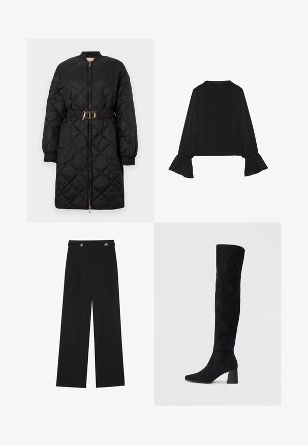 Black quilted long coat with elastic cuffs, front zipper, and matching belt featuring a gold oval buckle.; Black long-sleeve top featuring flared cuffs, soft texture, and a relaxed fit, with a simple round neckline.; Black wide-leg trousers with high waist, button details on waistband, and front pleats.; Black suede knee-high boot with block heel, pointed toe, and smooth, seamless design on a plain light background.