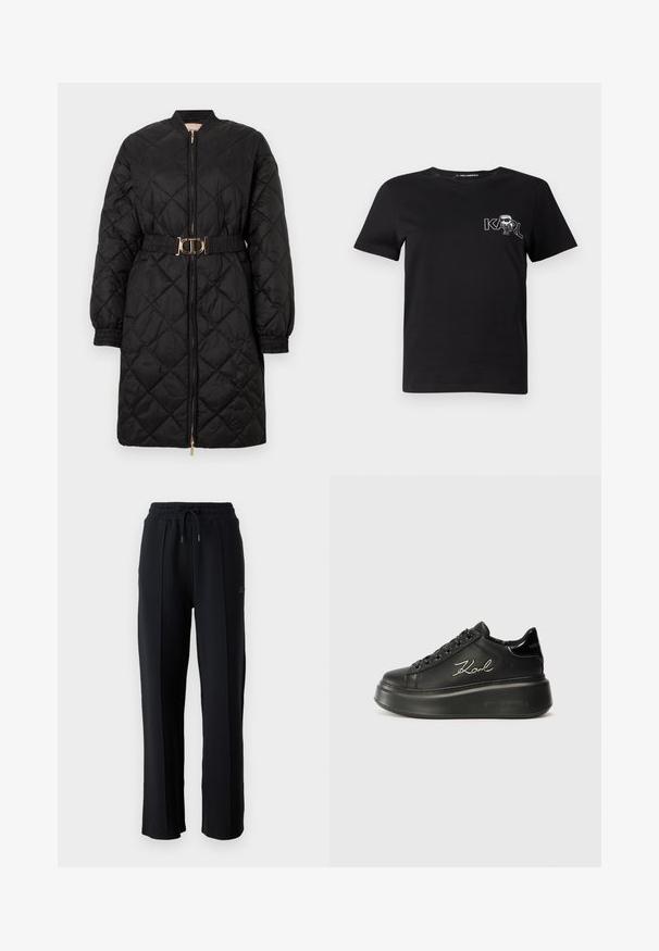 Palton lung negru matlasat, cu manșete elastice, fermoar frontal și centură asortată cu cataramă ovală aurie.; Tricou scurt cu mânecă neagră, din bumbac. Prezintă o grafică albă cu textul "KARL" și o figură stilizată pe piept. Guler rotund.; Pantaloni de trening negri cu o croială relaxată, talie elastică, șnur reglabil și cusături verticale pe picioare. Textură de țesătură moale.; Tenisi negri cu platformă, având un superior din piele netedă, șireturi plate și un logo „Karl” brodat pe lateral. Vârful rotund și talpa groasă.