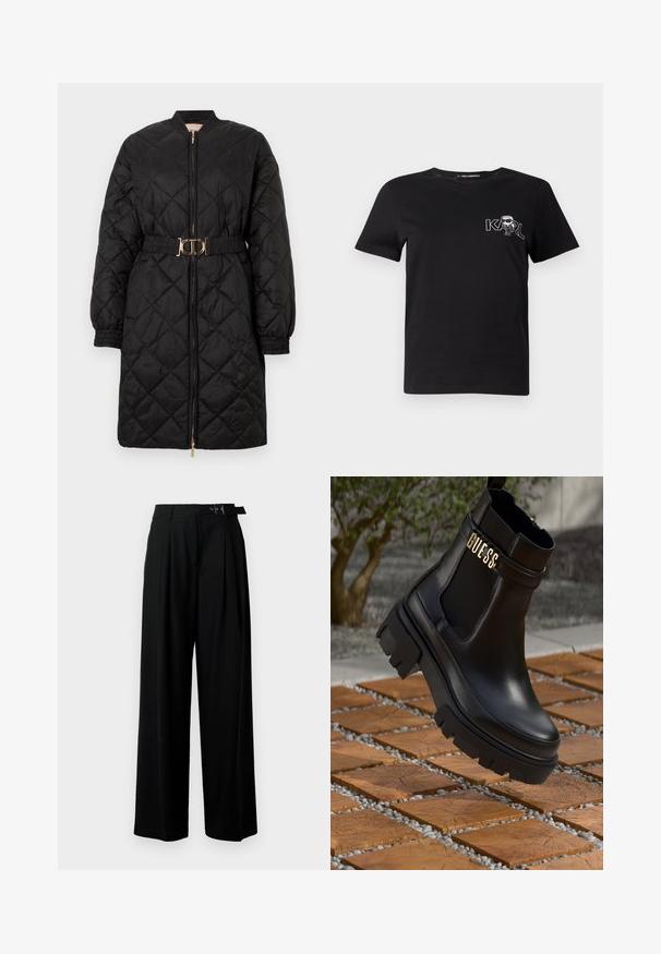 Zwarte gewatteerde lange jas met elastische manchetten, voorkant met rits en bijpassende riem met een gouden ovale gesp.; Zwarte korte mouwen t-shirt van katoen. Heeft een witte grafische print met de tekst "KARL" en een gestileerde figuur op de borst. Ronde hals.; Zwarte wijde broek met hoge taille, plooien aan de voorkant en een riem met een gesp. Gemaakt van glad, lichtgewicht stof.; Zwarte leren enkelboot met een chunky rubberen zool, elastische zijpanelen en een gouden accent met "GUESS" branding.