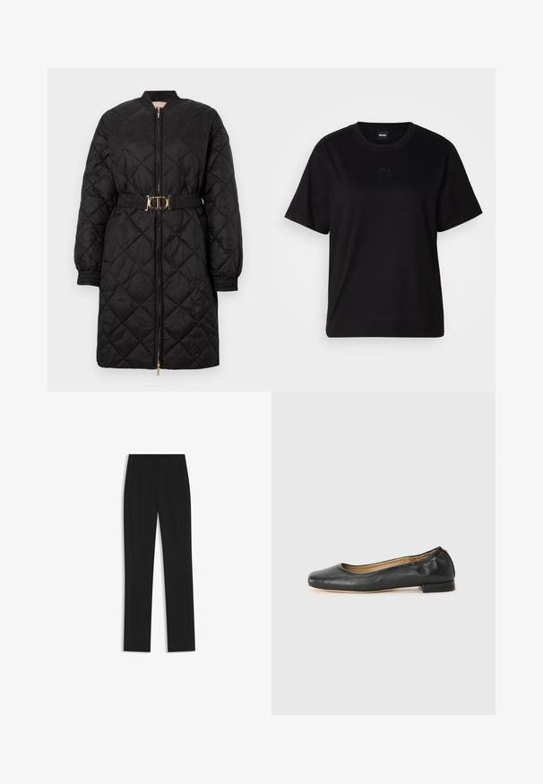 Black quilted long coat with elastic cuffs, front zipper, and matching belt featuring a gold oval buckle.; Black cotton t-shirt with a crew neckline, short sleeves, and an embroidered logo on the chest. Simple, relaxed fit with no patterns.; Black tailored trousers with a straight-leg design, featuring front pockets and a smooth, textured fabric. Neat, minimal detailing.; Black leather ballet flats with a rounded toe and minimal stitching. Low, rectangular heel and smooth texture. Subtle interior lining detail.